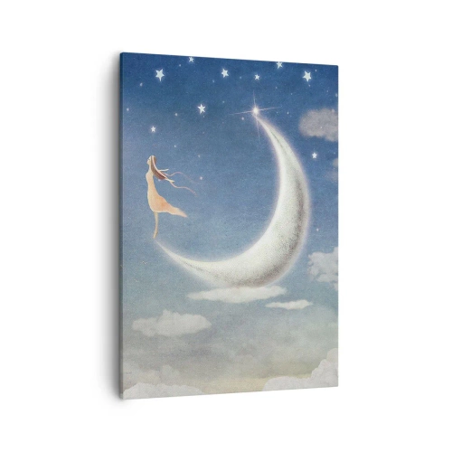 Impression sur toile - Image sur toile - Une femme dans la lune entourée d'étoiles et de nuages - 50x70cm - Valise bleue - Décoration murale moderne pour le salon et la chambre ARTTOR
