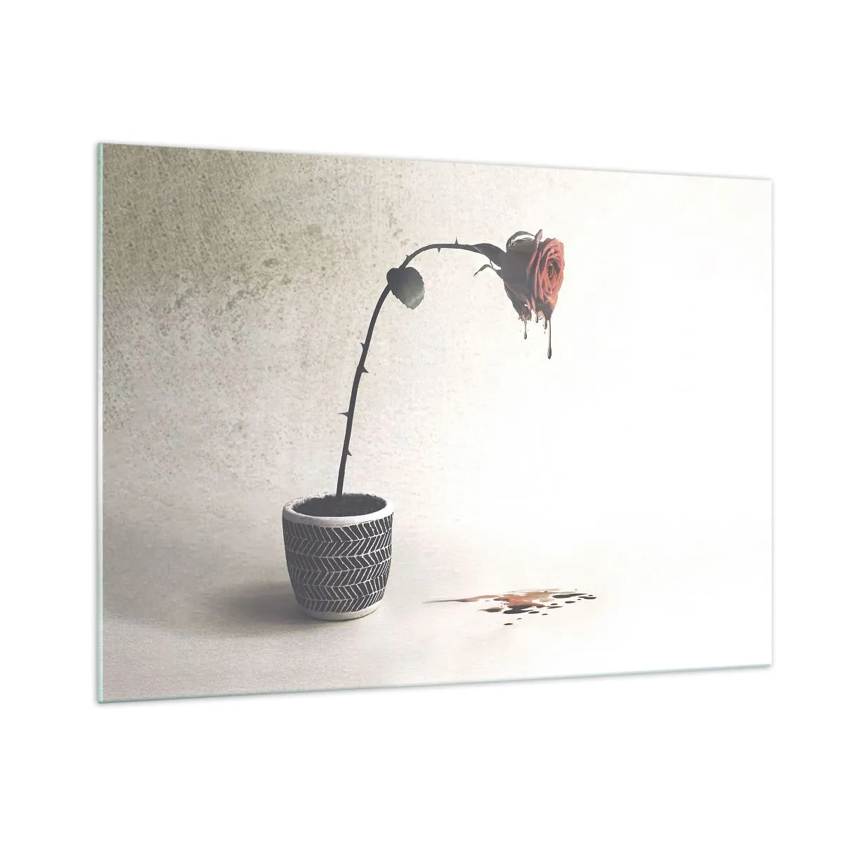 Impression sur verre - Image sur verre - Une rose symbolique dans un pot avec de la peinture qui coule - 100x70cm - Rosa dolorosa - Décoration murale moderne pour le salon et la chambre ARTTOR