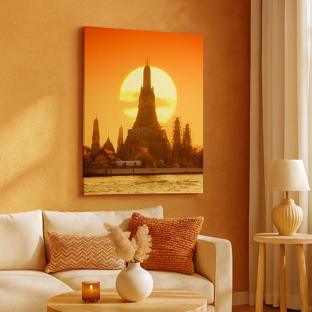 Impression sur toile - Image sur toile - Coucher de soleil sur le temple avec reflet dans l'eau - 50x70cm - Vers le soleil, toujours vers le soleil - Décoration murale moderne pour le salon et la chambre ARTTOR