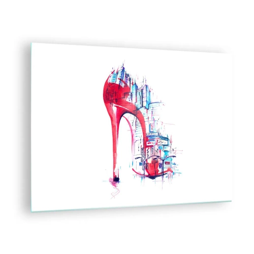 Impression sur verre - Image sur verre - Stiletto rouge avec un motif d'architecture urbaine - 70x50cm - L'élégance des grandes villes - Décoration murale moderne pour le salon et la chambre ARTTOR