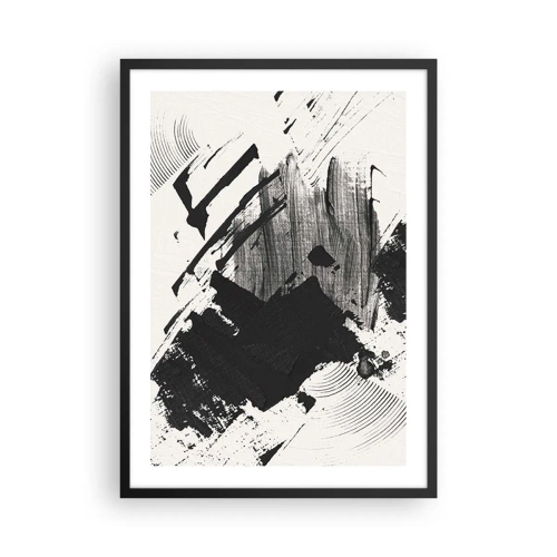 Affiche dans un cadre noir - Poster - Coups de pinceau abstraits en noir et blanc - 50x70cm - Abstraction – expression du noir - Décoration murale moderne pour le salon et la chambre ARTTOR
