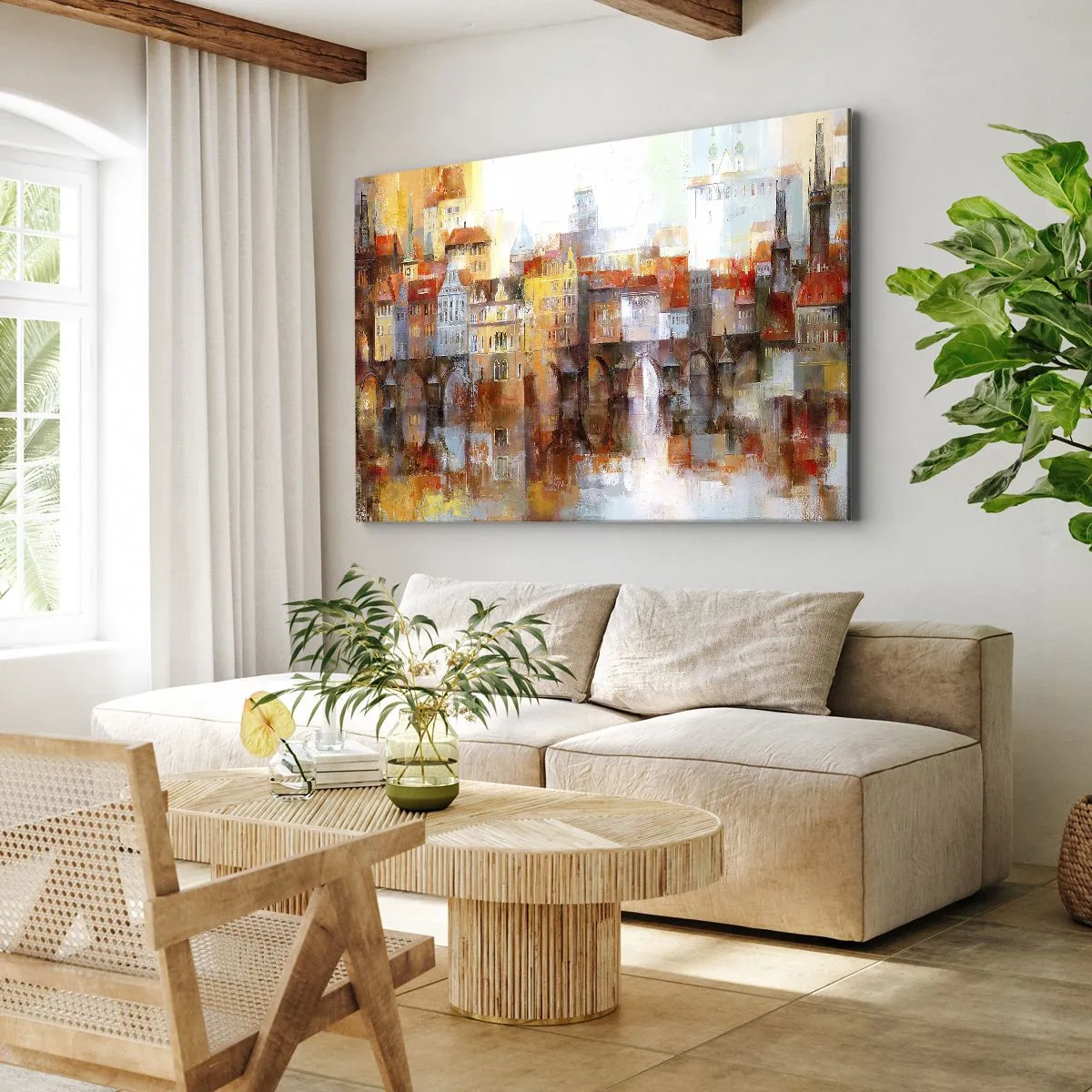Impression sur toile - Image sur toile - Un panorama pittoresque de la ville avec un pont aux couleurs d'automne - 70x50cm - C'est aussi beau sous le pont - Décoration murale moderne pour le salon et la chambre ARTTOR