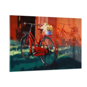 Impression sur verre - Image sur verre - Un vélo rouge avec des fleurs devant un bâtiment rouge - 120x80cm - I want to ride my bicycle - Décoration murale moderne pour le salon et la chambre ARTTOR