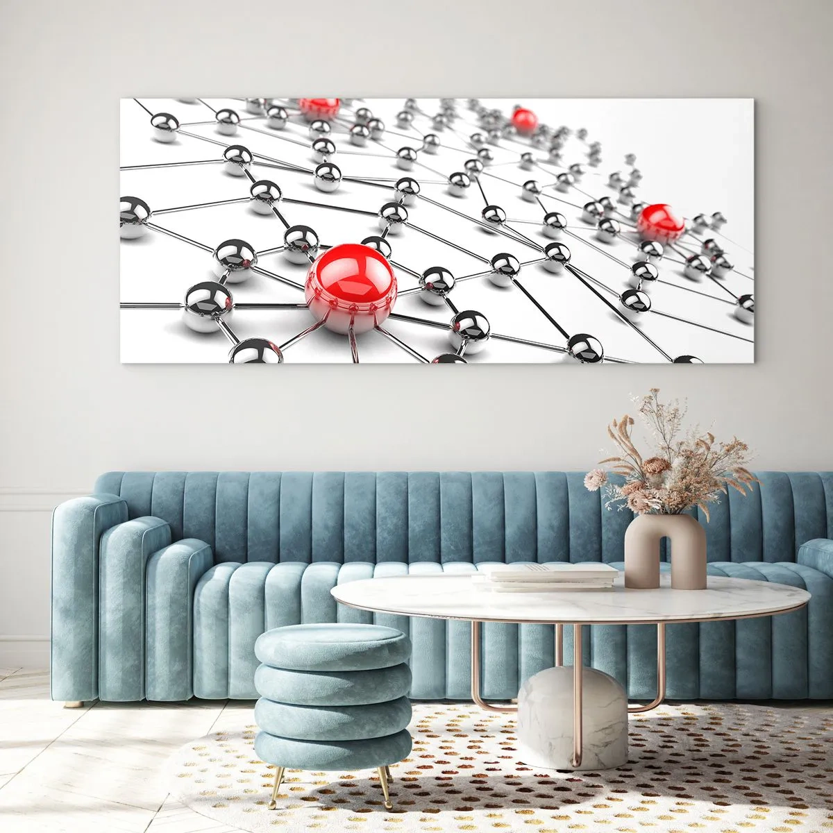 Impression sur verre - Image sur verre - Un réseau de boules métalliques aux accents rouges - 120x50cm - Toile argentée - Décoration murale moderne pour le salon et la chambre ARTTOR