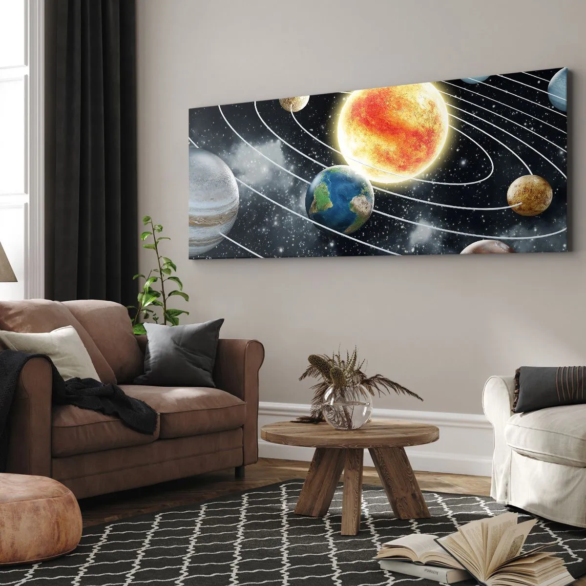 Impression sur toile - Image sur toile - Système solaire avec planètes et soleil dans l'espace - 140x50cm - Danse cosmique - Décoration murale moderne pour le salon et la chambre ARTTOR