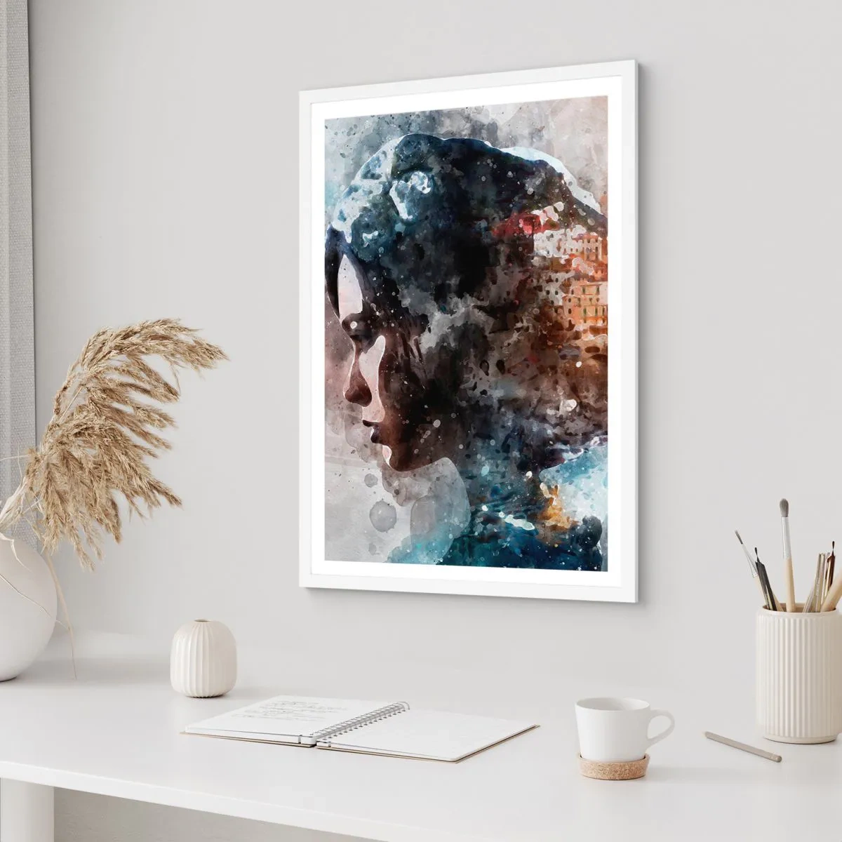 Affiche dans un cadre blanc - Poster - L'histoire d'une fille avec une ville en arrière-plan - 70x100 cm