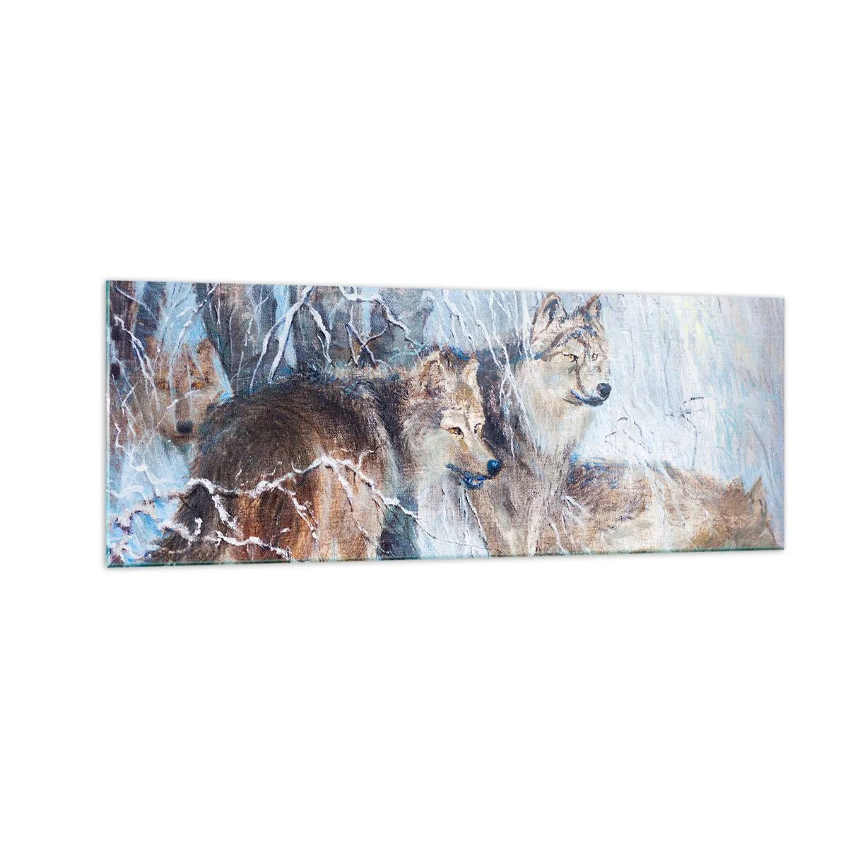 Impression sur verre - Image sur verre - Loups dans une forêt hivernale sur fond de neige - 140x50cm - Attention! Ca arrive ... - Décoration murale moderne pour le salon et la chambre ARTTOR