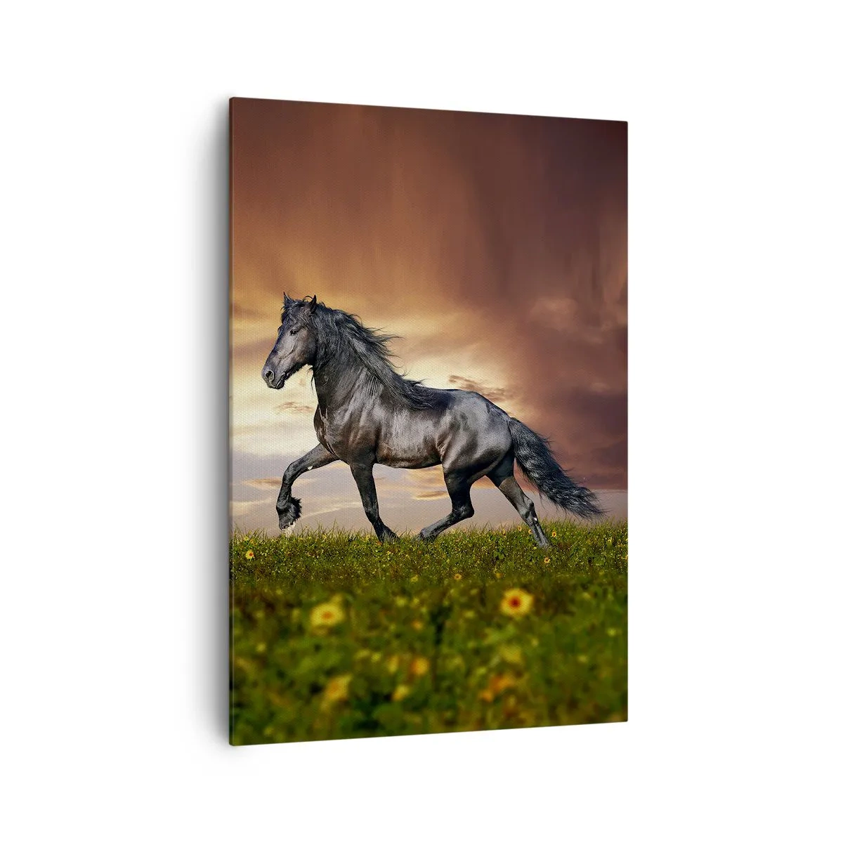 Impression sur toile - Image sur toile - Un cheval noir galopant contre le soleil couchant - 70x100cm - Livres noirs - Décoration murale moderne pour le salon et la chambre ARTTOR