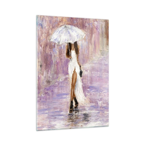 Impression sur verre - Image sur verre - Figure d'une femme avec un parapluie dans une scène de pluie lilas - 50x70cm - Sous la pluie lilas - Décoration murale moderne pour le salon et la chambre ARTTOR