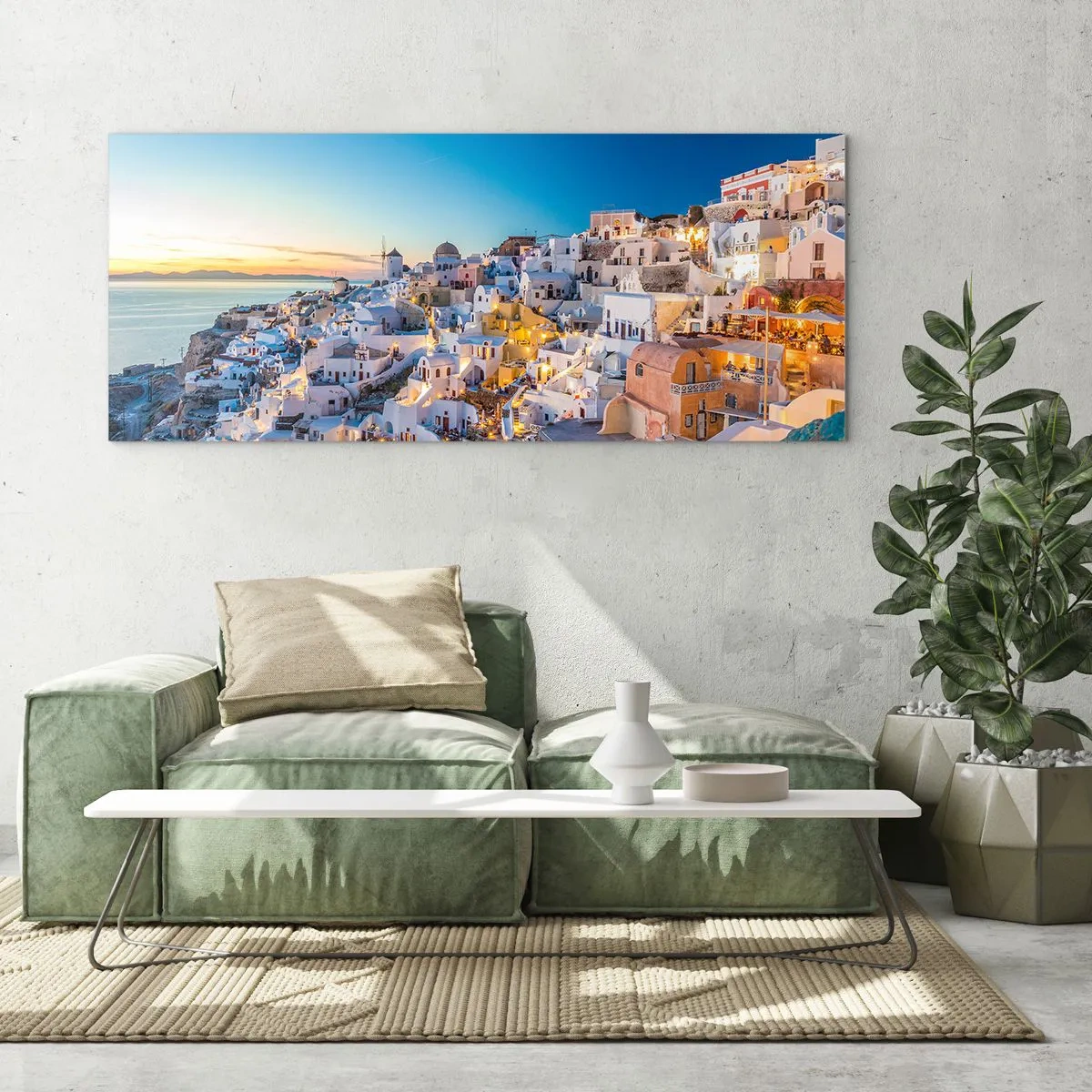 Impression sur verre - Image sur verre - Vue d'une ville grecque au coucher du soleil - 120x50cm - L'essence de la grecque - Décoration murale moderne pour le salon et la chambre ARTTOR
