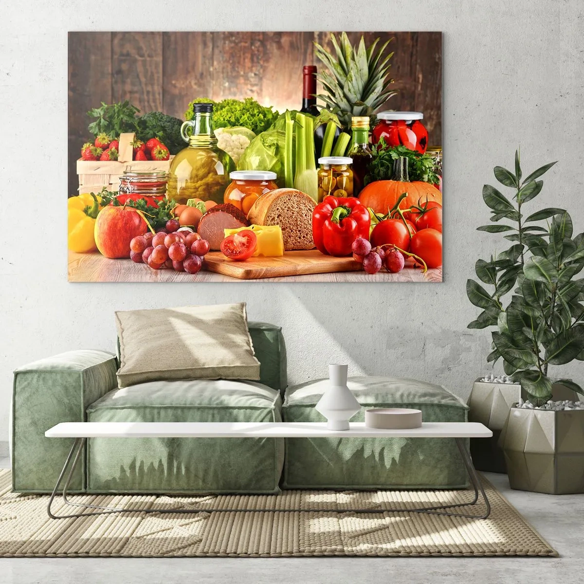 Impression sur verre - Image sur verre - Légumes colorés, fruits, pain et conserves sur un fond en bois - 100x70cm - Fumé, cuit au four et mariné - Décoration murale moderne pour le salon et la chambre ARTTOR