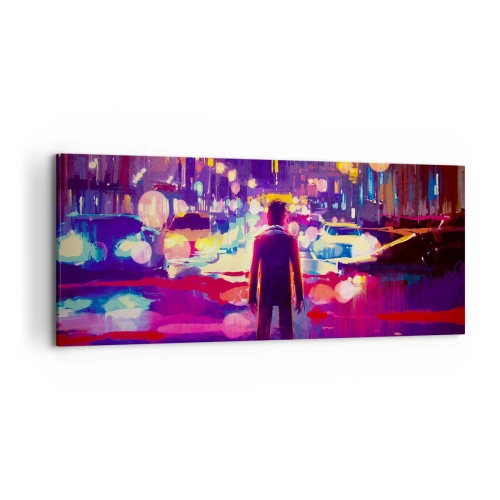 Impression sur toile - Image sur toile - Un homme dans une scène nocturne de ville au néon - 120x50cm - Immergé dans la lumière - Décoration murale moderne pour le salon et la chambre ARTTOR