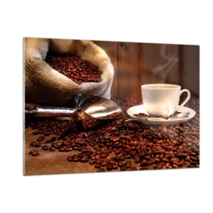 Impression sur verre - Image sur verre - Une tasse de café sur fond de haricots et d'un sac en jute - 120x80cm - Sentez-vous cette odeur? - Décoration murale moderne pour le salon et la chambre ARTTOR