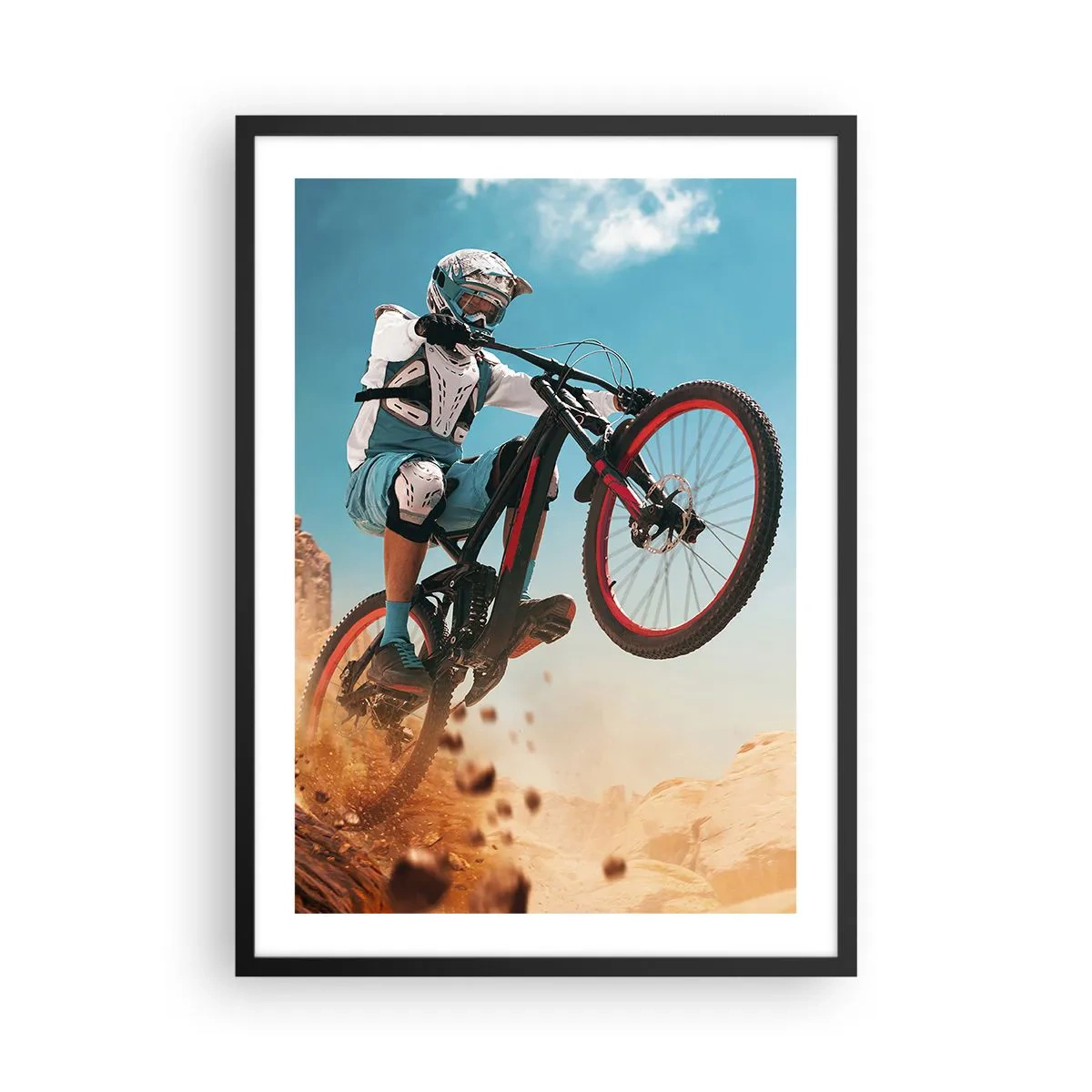 Affiche dans un cadre noir - Poster - Un vététiste effectue un saut dynamique dans un paysage désertique. - 50x70cm - Démon de la folie du vélo - Décoration murale moderne pour le salon et la chambre ARTTOR