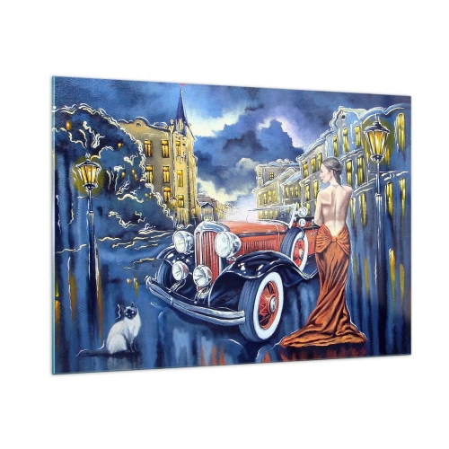 Impression sur verre - Image sur verre - Une femme dans une robe élégante à côté d'une voiture classique - 100x70cm - Nocturne en bleu et corail - Décoration murale moderne pour le salon et la chambre ARTTOR