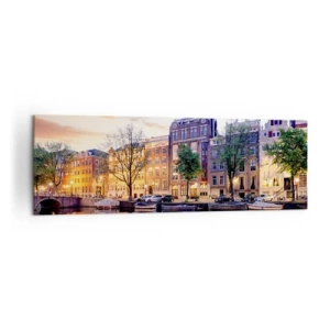 Impression sur toile - Image sur toile - Canal avec reflet des immeubles d'habitation dans la lumière du soir - 160x50cm - Beauté hollandaise sobre et sereine - Décoration murale moderne pour le salon et la chambre ARTTOR