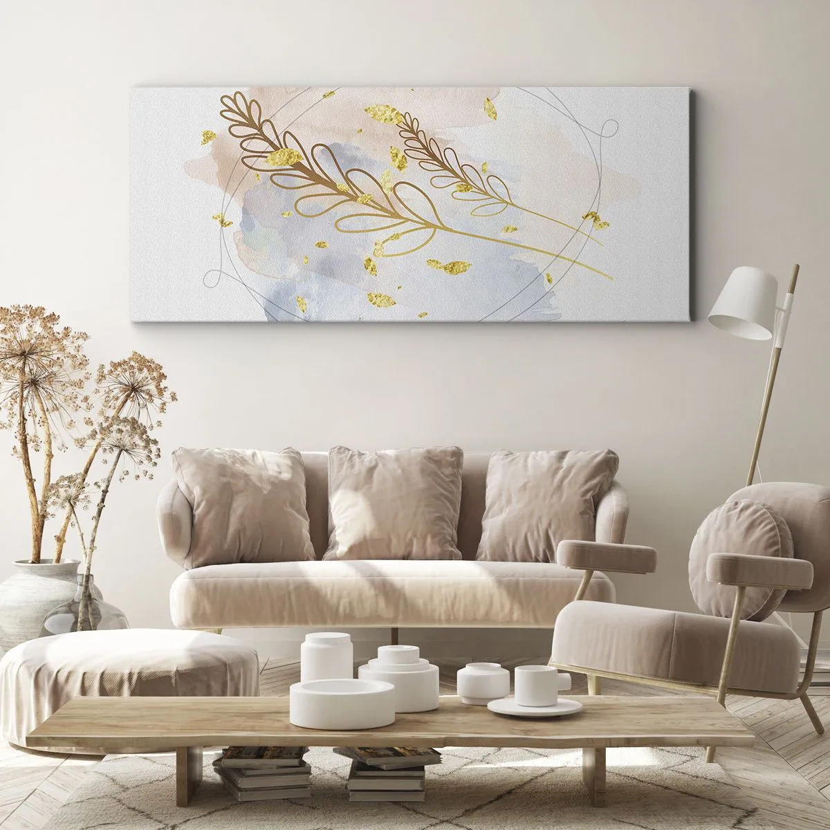Impression sur toile - Image sur toile - Un délicat motif de feuille dorée sur un fond pastel avec des détails aquarelles. - 140x50cm - Explosion d'or - Décoration murale moderne pour le salon et la chambre ARTTOR