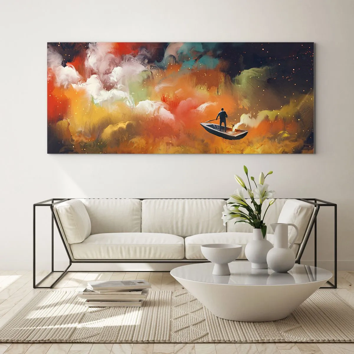 Impression sur verre - Image sur verre - Une silhouette dans un bateau sur un fond de nuages colorés - 140x50cm - En bateau à travers la galaxie - Décoration murale moderne pour le salon et la chambre ARTTOR