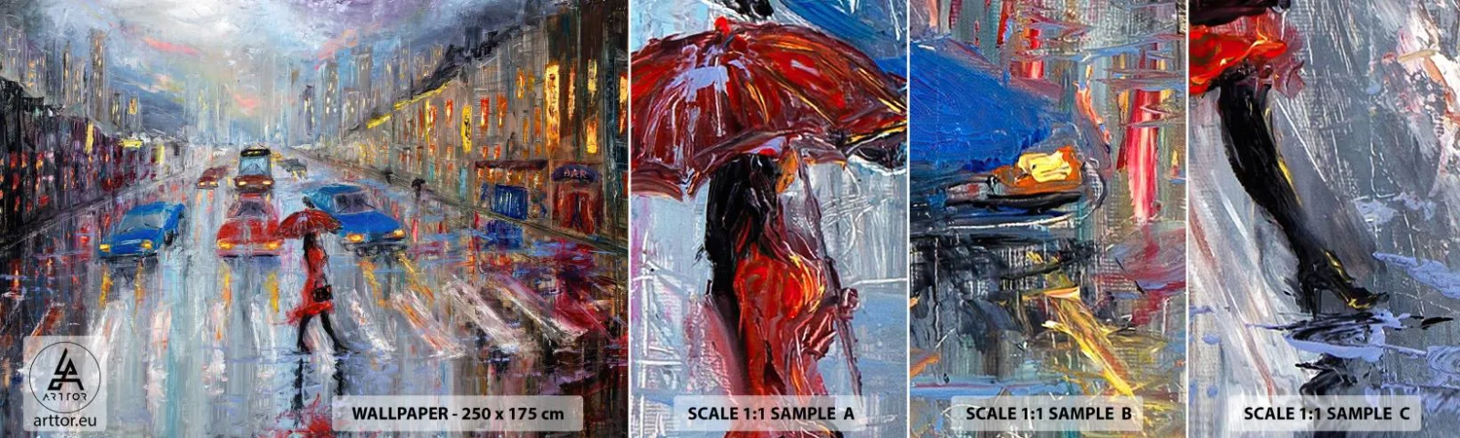 Échantillon De Papier Peint Standard Eco - Après-midi pluvieux en ville - Ville, Architecture, Marcher sous la pluie - 100x30 cm