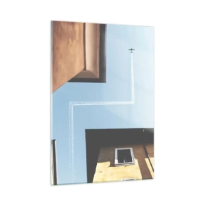 Impression sur verre - Image sur verre - Un avion au-dessus de la ville vu depuis une cour entre des immeubles - 50x70cm - Au-dessus du labyrinthe de la ville - Décoration murale moderne pour le salon et la chambre ARTTOR