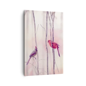 Impression sur toile - Image sur toile - Un couple de cardinaux perchés sur des branches dans un paysage pastel - 80x120cm - Conte de la forêt rose - Décoration murale moderne pour le salon et la chambre ARTTOR