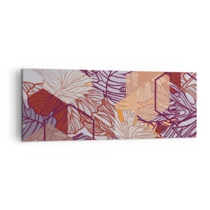 Impression sur toile - Image sur toile - Un motif décoratif de feuilles tropicales dans des tons de violet, d'orange et de beige. - 140x50cm - Relation impossible entre la géométrie et la nature - Décoration murale moderne pour le salon et la chambre ARTT
