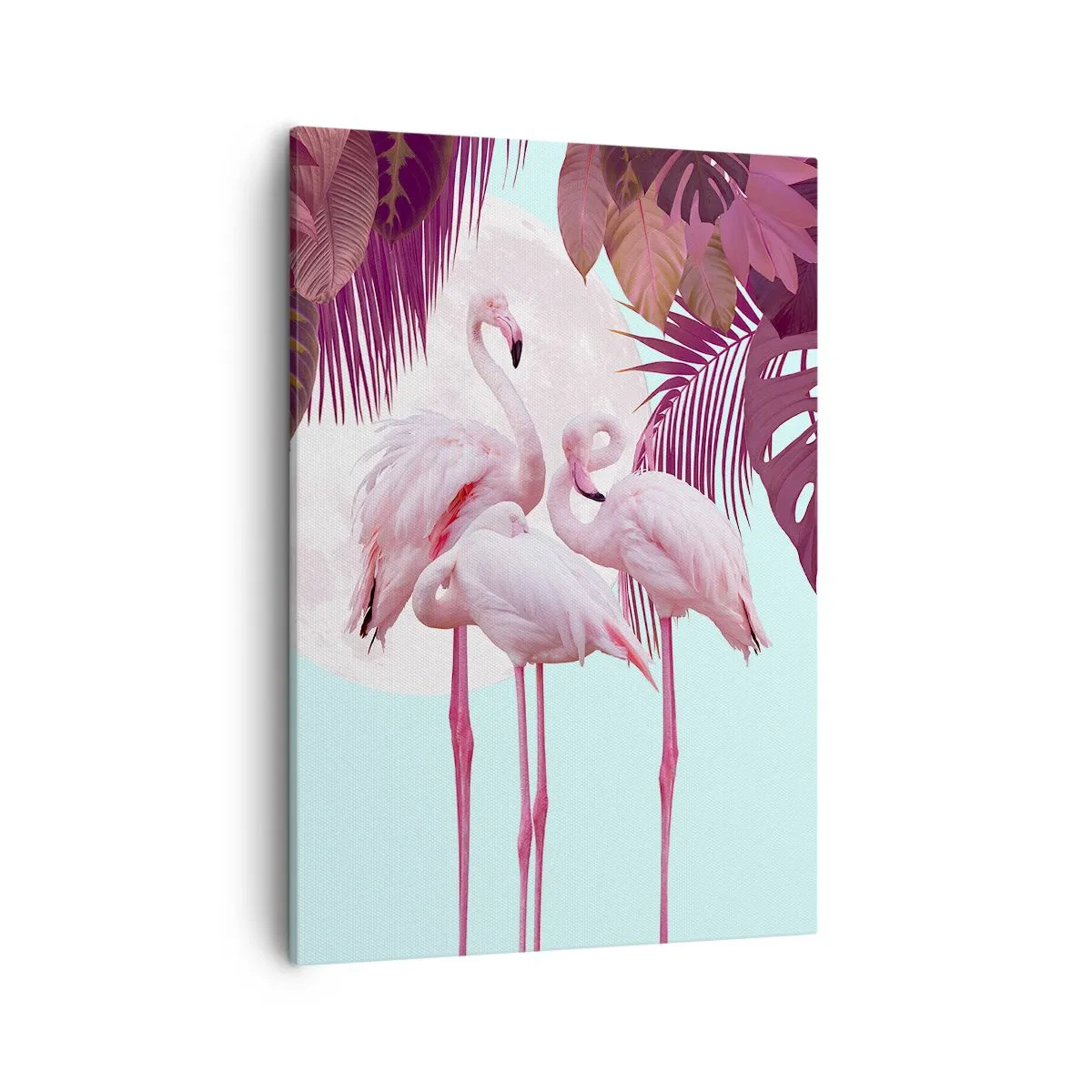 Impression sur toile - Image sur toile - Flamants roses sur fond de lune et de feuilles tropicales - 50x70cm - Trois oiseaux gracieux - Décoration murale moderne pour le salon et la chambre ARTTOR