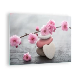 Impression sur verre - Image sur verre - Fleurs de cerisier roses et pierres en forme de cœur - 70x50cm - Le bonheur avec une fleur de cerisier - Décoration murale moderne pour le salon et la chambre ARTTOR