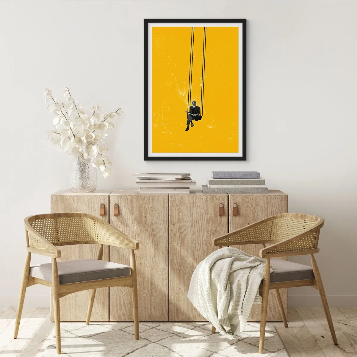 Affiche dans un cadre noir - Poster - Graphique minimaliste avec un personnage sur une balançoire - 50x70cm - Un jour comme tous les jours - Décoration murale moderne pour le salon et la chambre ARTTOR