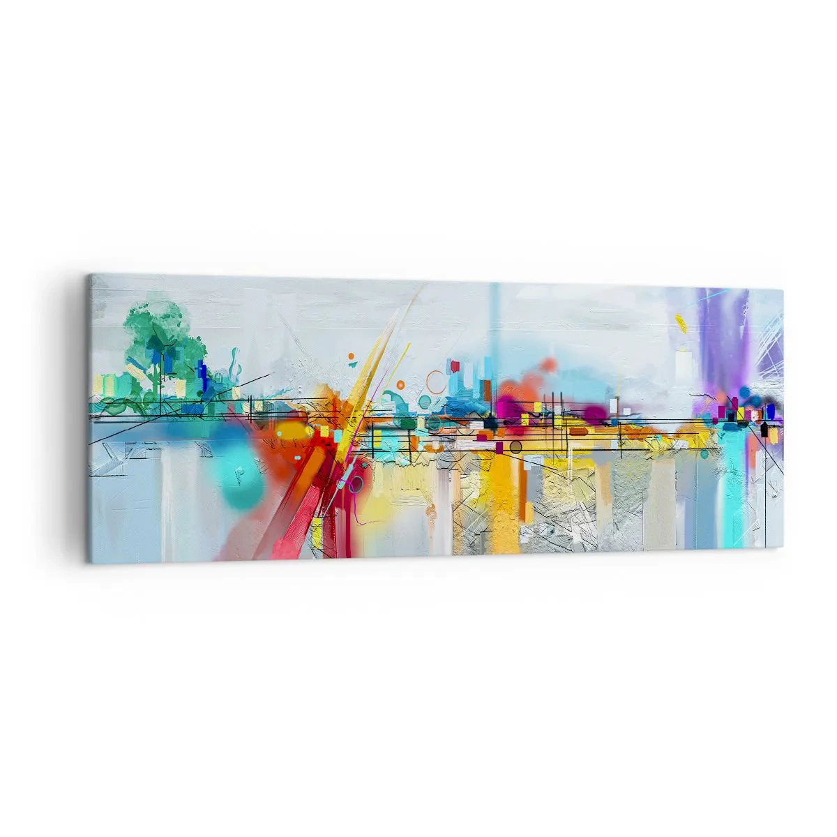 Impression sur toile - Image sur toile - Paysage abstrait aux accents colorés - 140x50cm - Pont de joie sur le fleuve de la vie - Décoration murale moderne pour le salon et la chambre ARTTOR