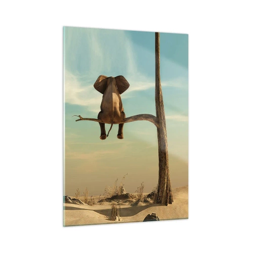 Impression sur verre - Image sur verre - Un éléphant sur une branche d'arbre dans un décor surréaliste - 50x70cm - Nouveau point de vue - Décoration murale moderne pour le salon et la chambre ARTTOR