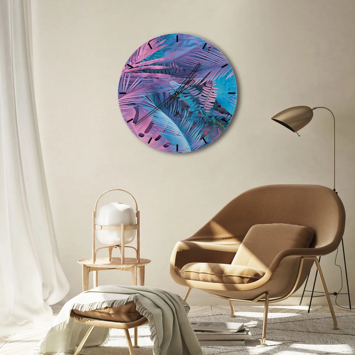 Horloge murale - Pendule murale - Les tropiques en rose et bleu - 30x30 cm