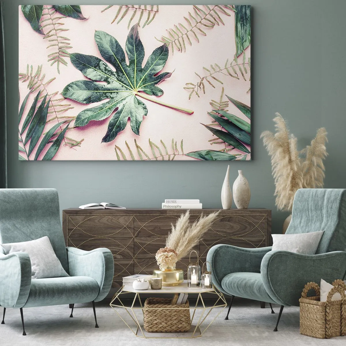 Impression sur toile - Image sur toile - Feuilles tropicales sur fond pastel clair - 70x50cm - Étude de verdure sur fond rose - Décoration murale moderne pour le salon et la chambre ARTTOR