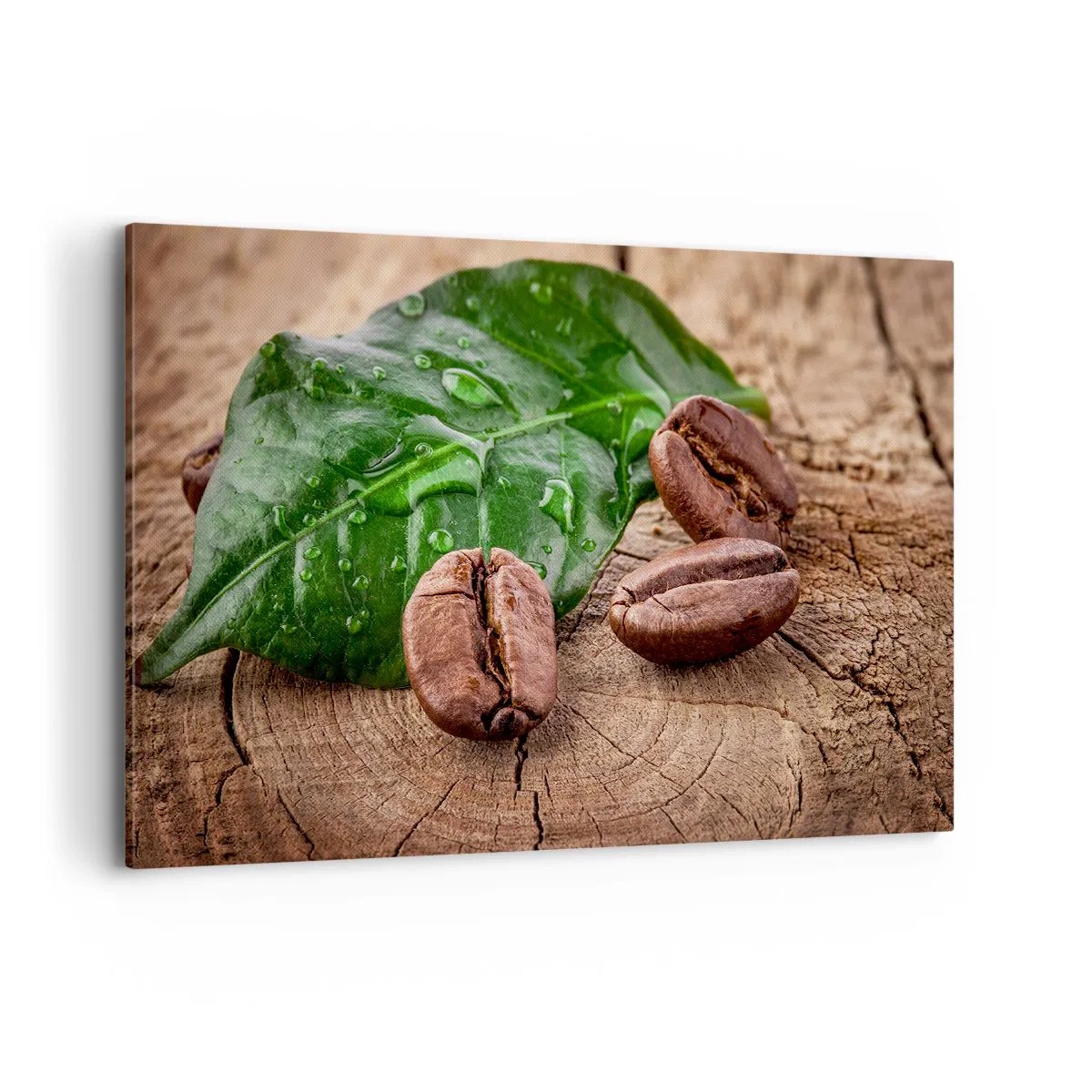 Impression sur toile - Image sur toile - Grains de café et feuille verte sur fond de bois - 120x80cm - La plus vraie et noire - Décoration murale moderne pour le salon et la chambre ARTTOR