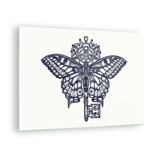 Impression sur verre - Image sur verre - Illustration d'un papillon avec une clé au centre - 70x50cm - Tous les secrets du coeur - Décoration murale moderne pour le salon et la chambre ARTTOR