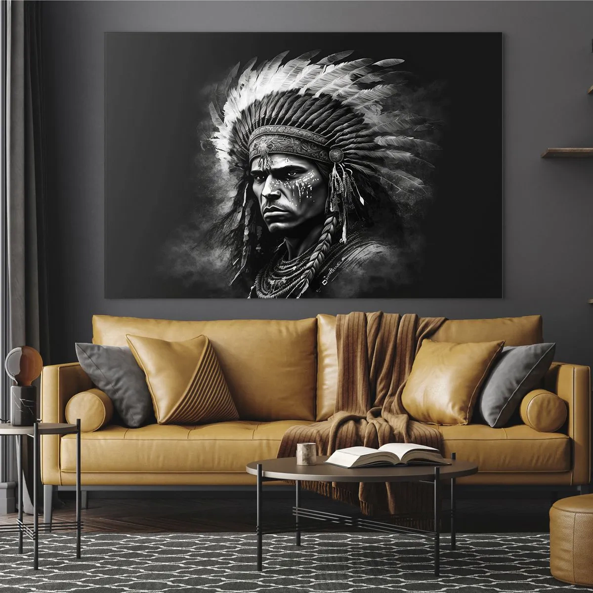 Impression sur verre - Image sur verre - Portrait en noir et blanc d'un guerrier avec une coiffe à plumes - 70x50cm - Un leader et un guerrier - Décoration murale moderne pour le salon et la chambre ARTTOR