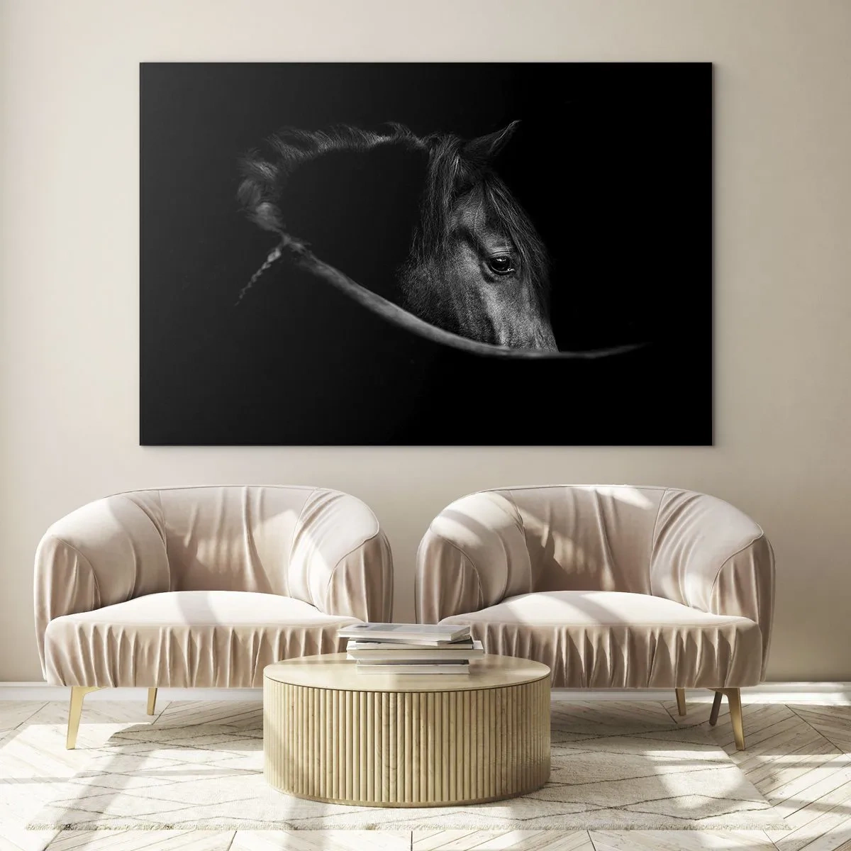 Impression sur verre - Image sur verre - Profil d'un cheval noir dans l'ombre avec un œil visible - 70x50cm - Prince Noir - Décoration murale moderne pour le salon et la chambre ARTTOR