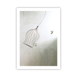 Affiche - Poster - Un oiseau quittant sa cage dans un style minimaliste. - 50x70cm - Dans son élément - Décoration murale moderne pour le salon et la chambre ARTTOR