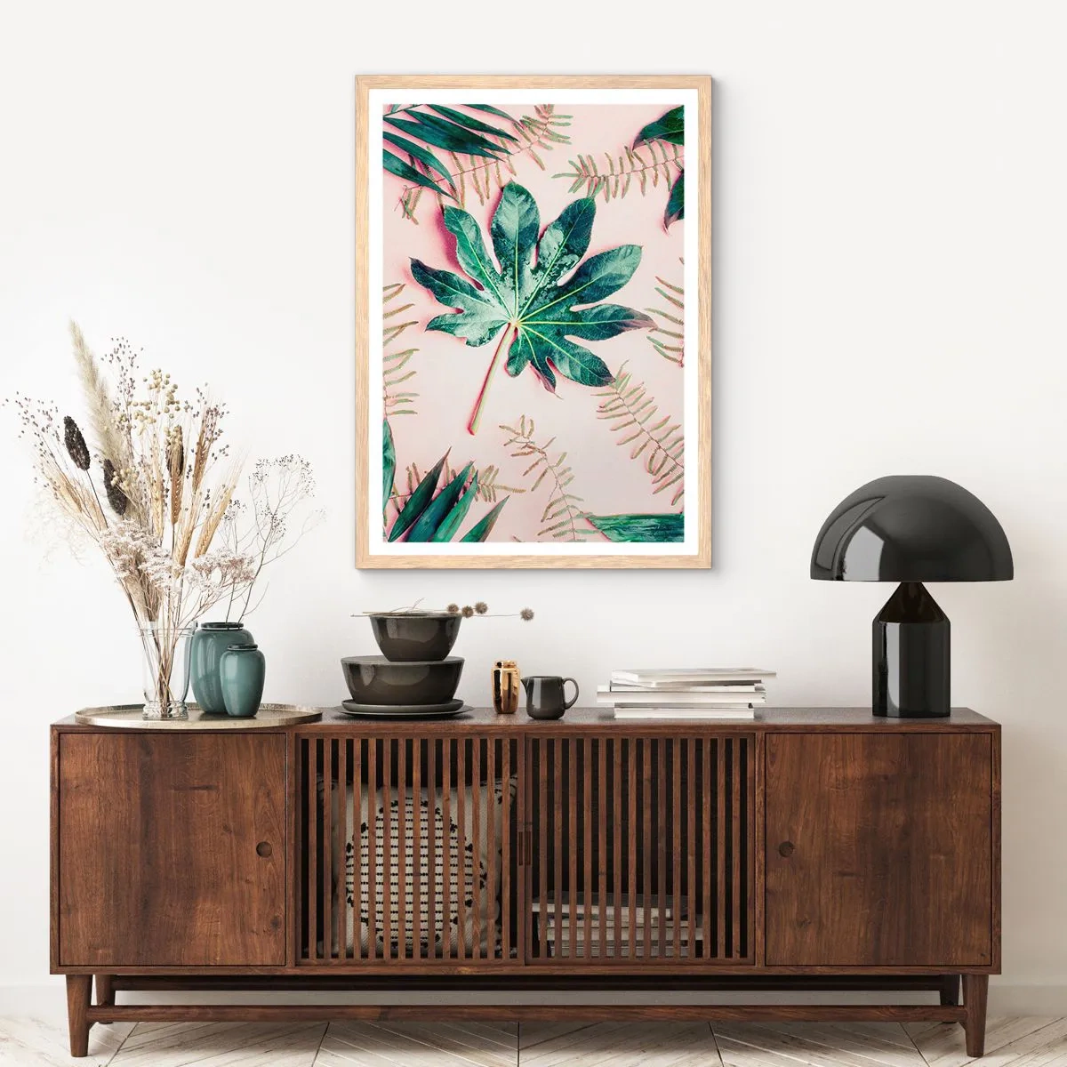 Affiche dans un chêne clair - Poster - Étude de verdure sur fond rose - 61x91 cm