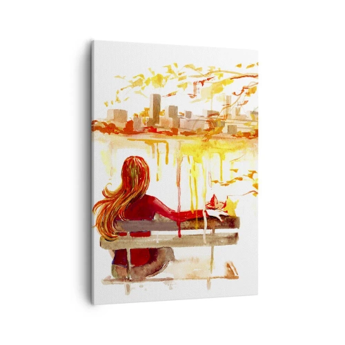 Impression sur toile - Image sur toile - Scène à l'aquarelle d'une femme sur un banc surplombant la ville - 50x70cm - Un moment de réflexion - Décoration murale moderne pour le salon et la chambre ARTTOR