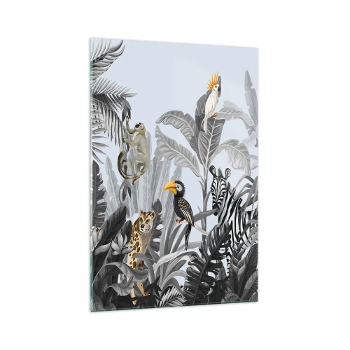 Impression sur verre - Image sur verre - Jungle tropicale avec des animaux exotiques sur fond gris - 70x100cm - Conte de fées africain - Décoration murale moderne pour le salon et la chambre ARTTOR