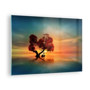 Impression sur verre - Image sur verre - Un arbre aux feuilles rouges sur fond de coucher de soleil - 70x50cm - Plénitude et éloignement sans monde - Décoration murale moderne pour le salon et la chambre ARTTOR