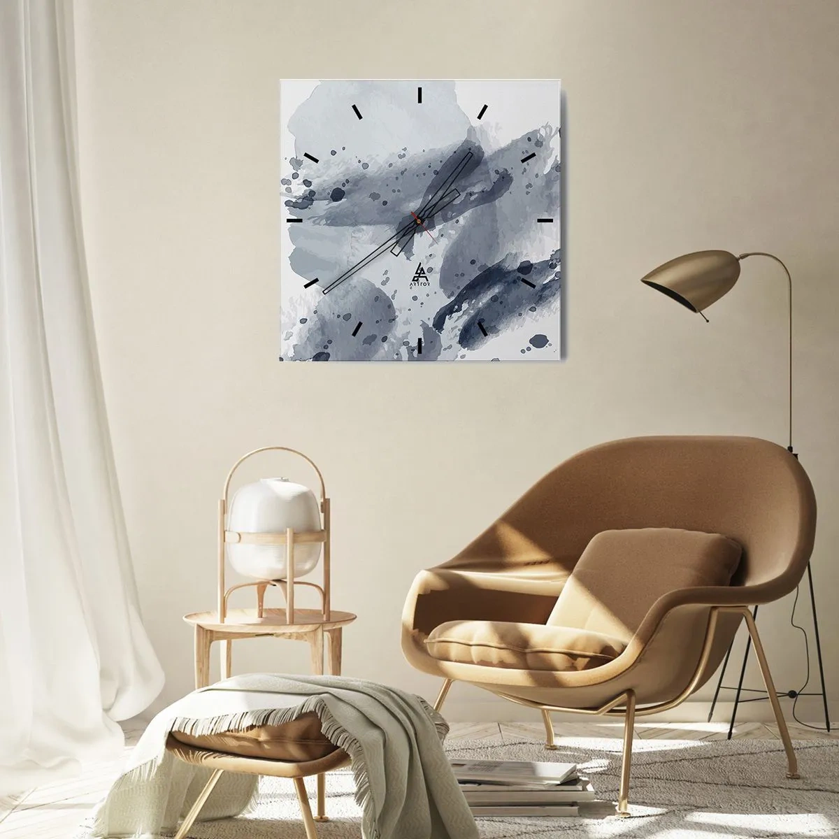 Horloge murale - Pendule murale - Taches abstraites dans des tons bleus sur fond clair - 30x30cm - Étude de la nature de l'eau - Décoration murale moderne pour le salon et la chambre ARTTOR