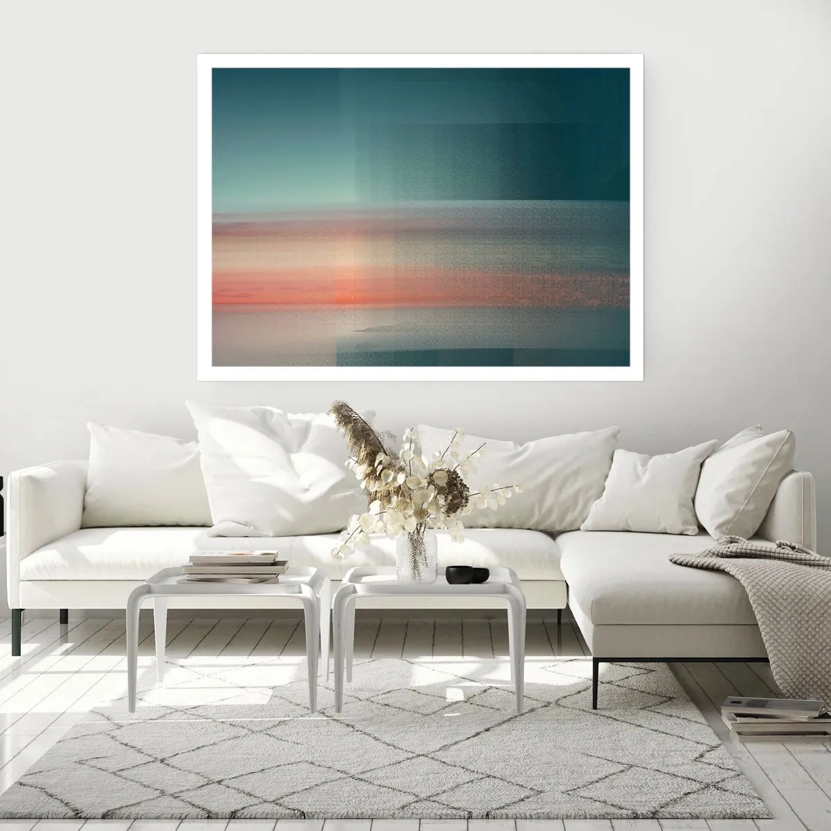 Affiche - Poster - Un coucher de soleil aux tons pastel sur un horizon calme - 100x70cm - Résumé : vagues de lumière - Décoration murale moderne pour le salon et la chambre ARTTOR