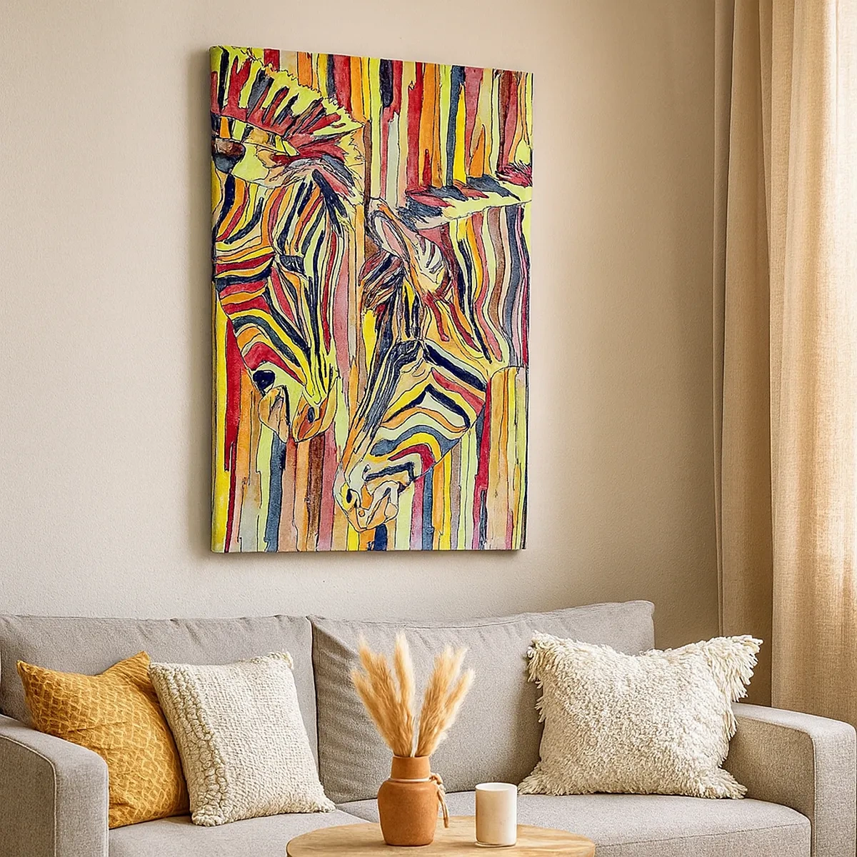 Impression sur toile - Image sur toile - Zèbres colorés sur fond de rayures abstraites - 50x70cm - Et donc toi aussi... - Décoration murale moderne pour le salon et la chambre ARTTOR