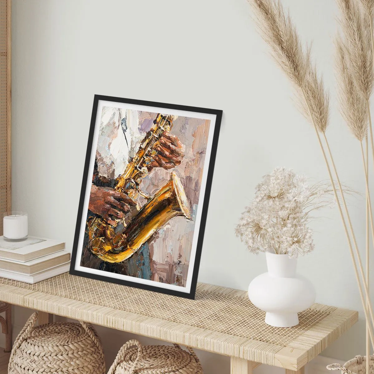 Affiche dans un cadre noir - Poster - Un saxophoniste jouant dans un style de peinture artistique - 50x70cm - C'est l'heure du solo - Décoration murale moderne pour le salon et la chambre ARTTOR