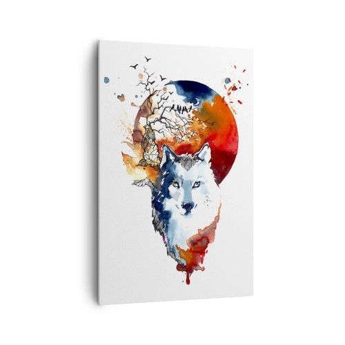Impression sur toile - Image sur toile - Aquarelle abstraite d'un loup sur fond de lune rouge - 80x120cm - Nez à nez avec la nuit - Décoration murale moderne pour le salon et la chambre ARTTOR
