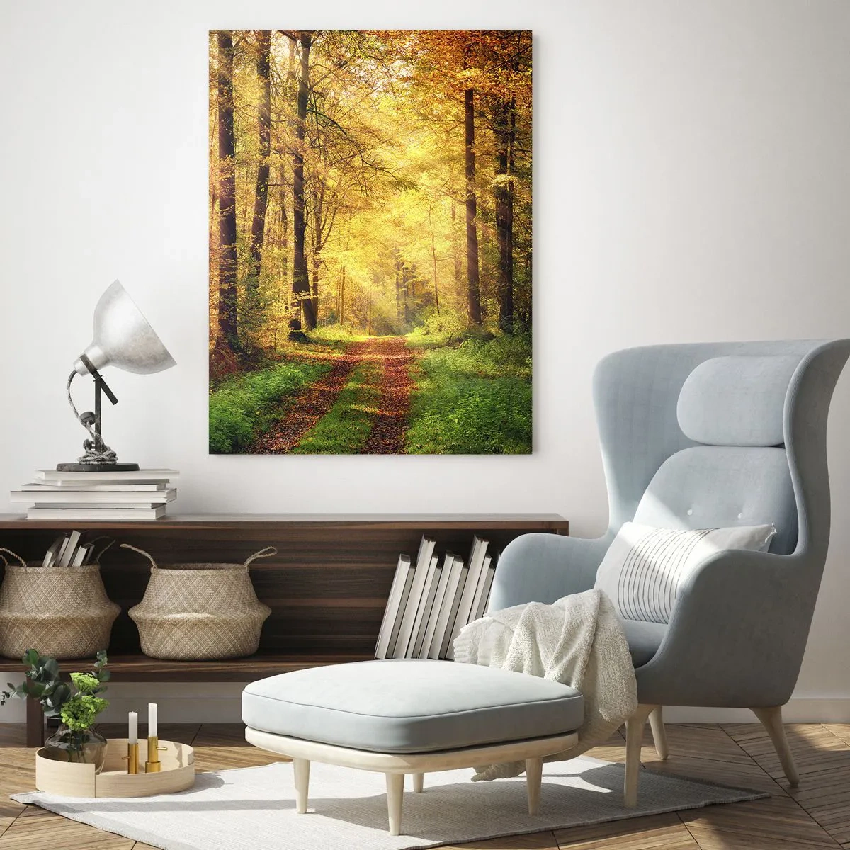 Impression sur verre - Image sur verre - Un chemin forestier entouré d'arbres dorés et verts - 80x120cm - Silence d'or en forêt - Décoration murale moderne pour le salon et la chambre ARTTOR