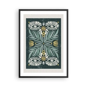 Affiche dans un cadre noir - Poster - Motif symétrique avec des feuilles et des yeux sur un fond sombre - 50x70cm - Comme une découpe folklorique - Décoration murale moderne pour le salon et la chambre ARTTOR