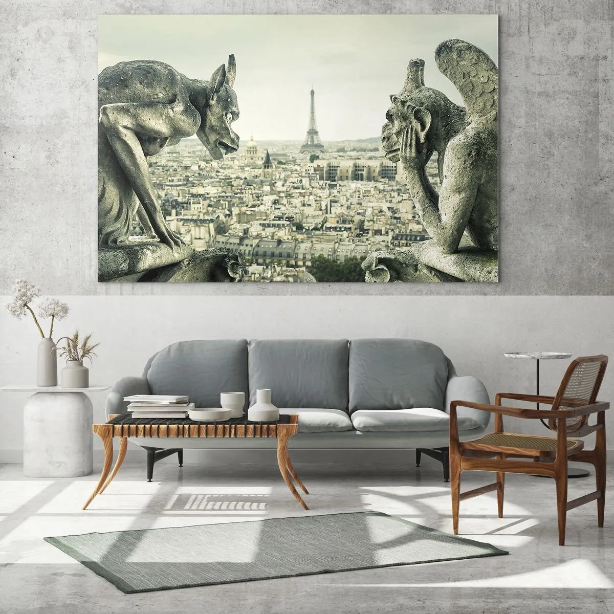 Impression sur verre - Image sur verre - Gargouilles surplombant les toits de Paris et la Tour Eiffel - 140x50cm - Bavardage parisien - Décoration murale moderne pour le salon et la chambre ARTTOR